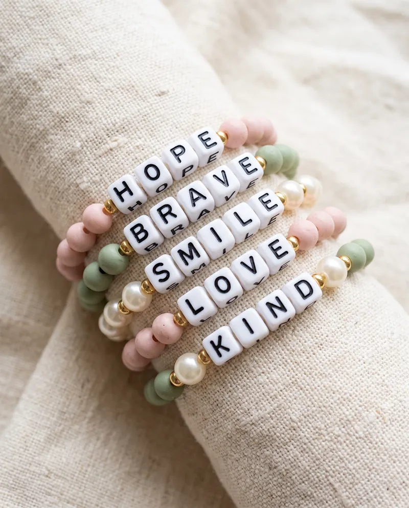 Handmade letter-bead bracelets spelling Hope, Brave, Smile, Love, and Kind