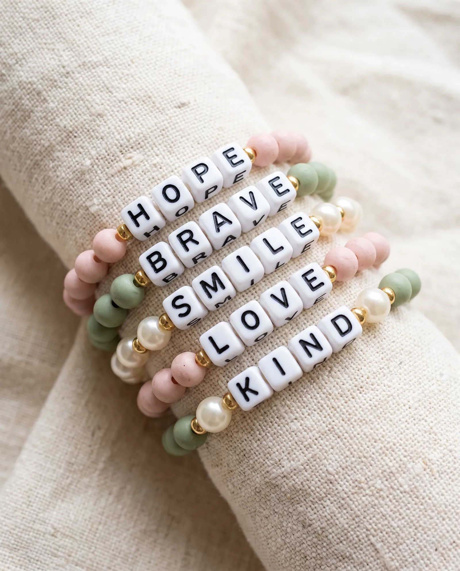Stack of handmade letter-bead bracelets reading Hope, Brave, Smile, Love, Kind