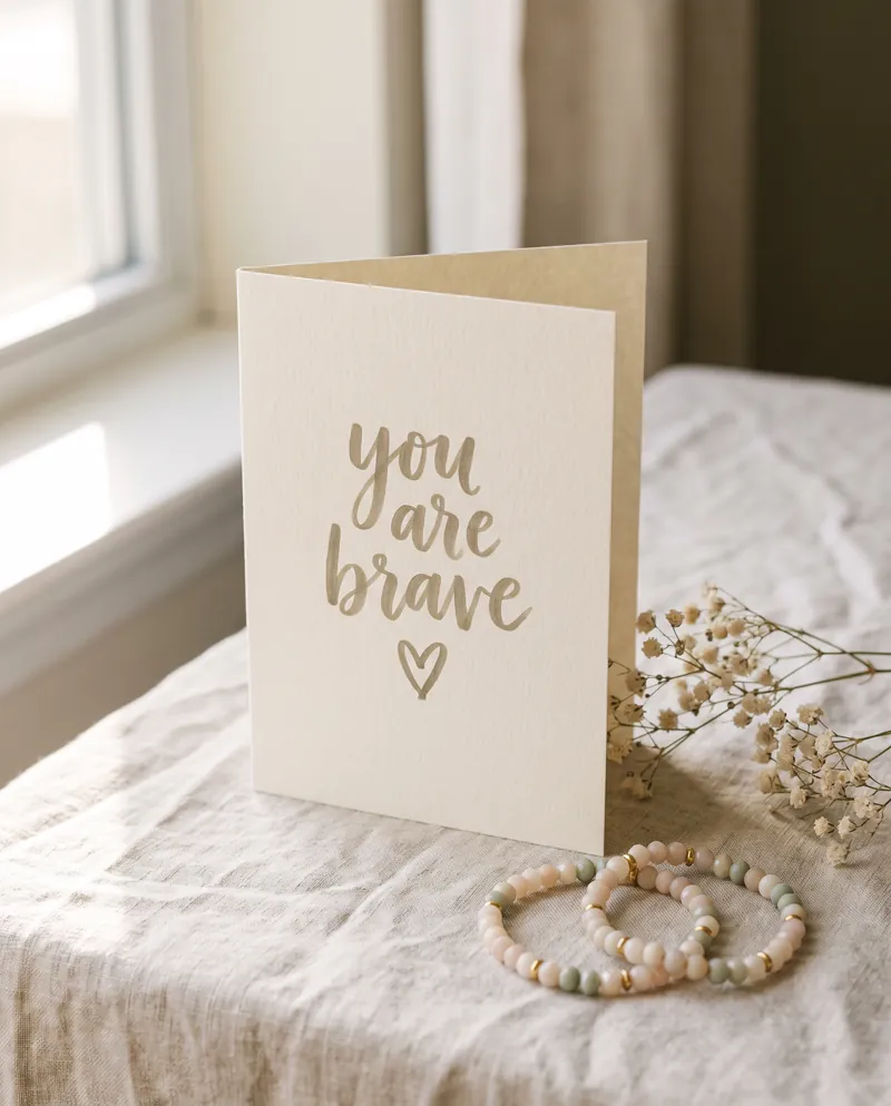 Handmade cream card hand-lettered with 'you are brave' beside pastel beaded bracelets