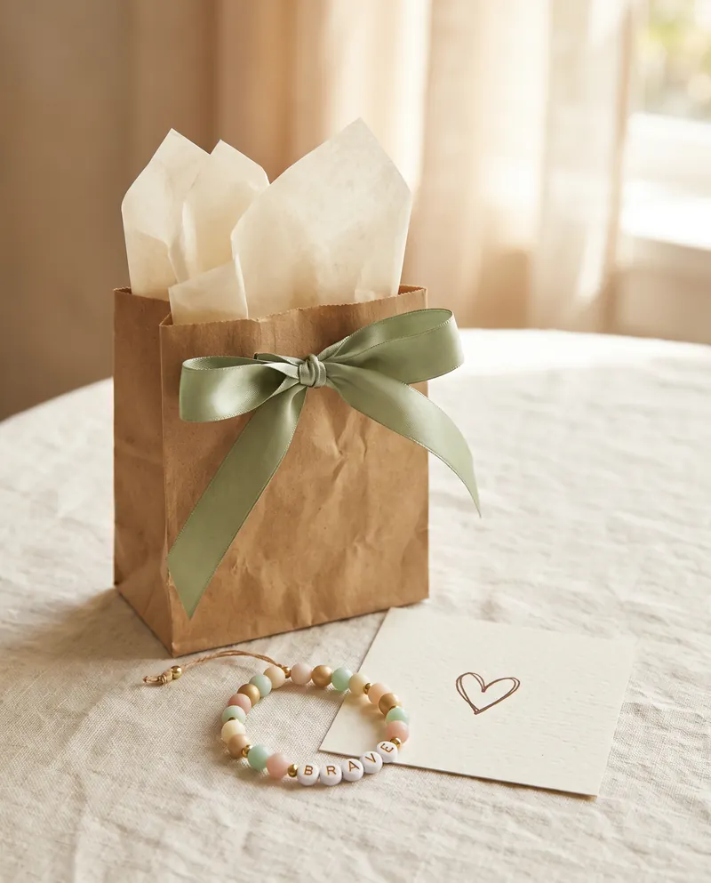 Kraft gift bag tied with a sage ribbon beside a BRAVE bracelet and a handmade card