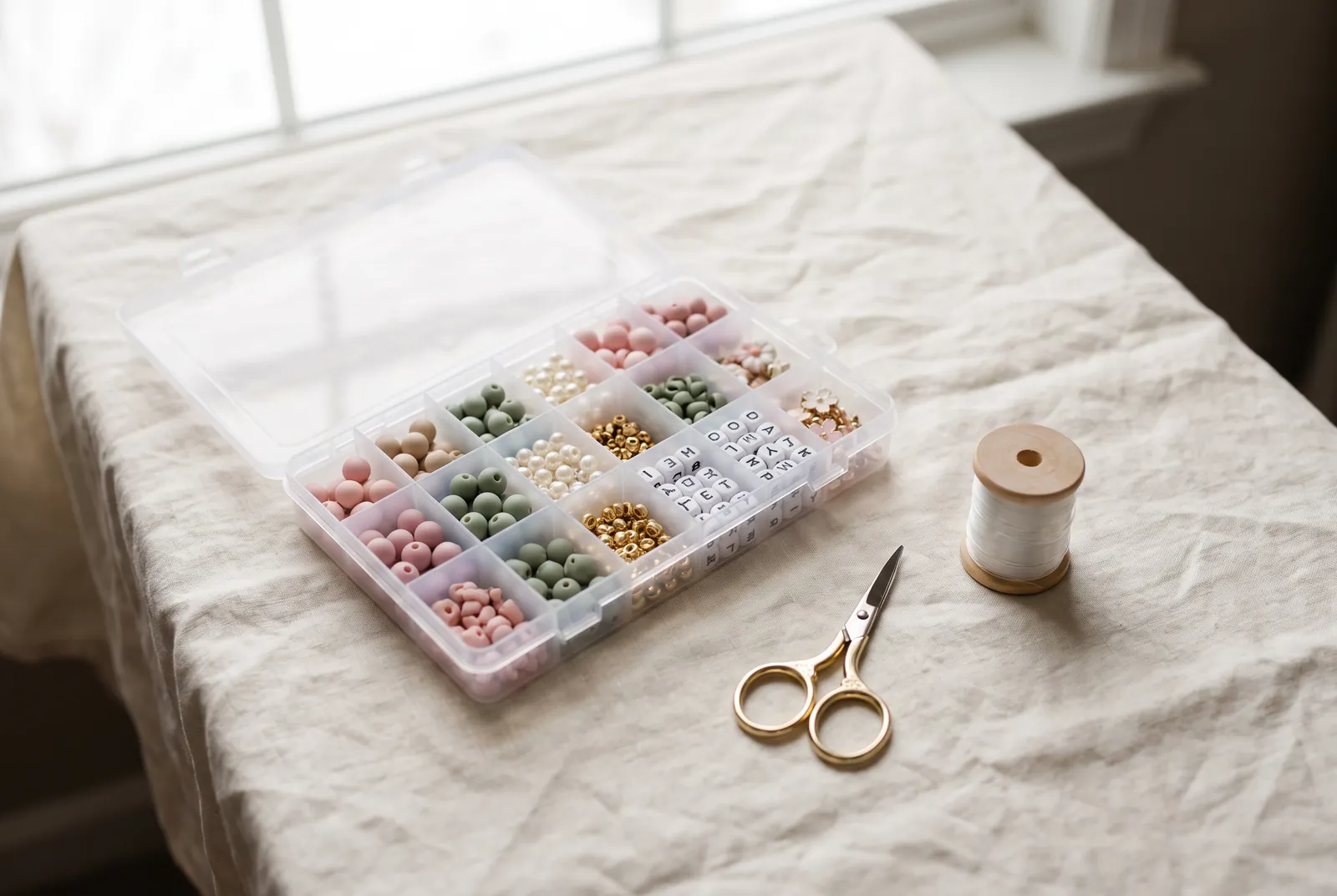Bead organizer with pastel, pearl, and gold beads, scissors, and a spool of cord